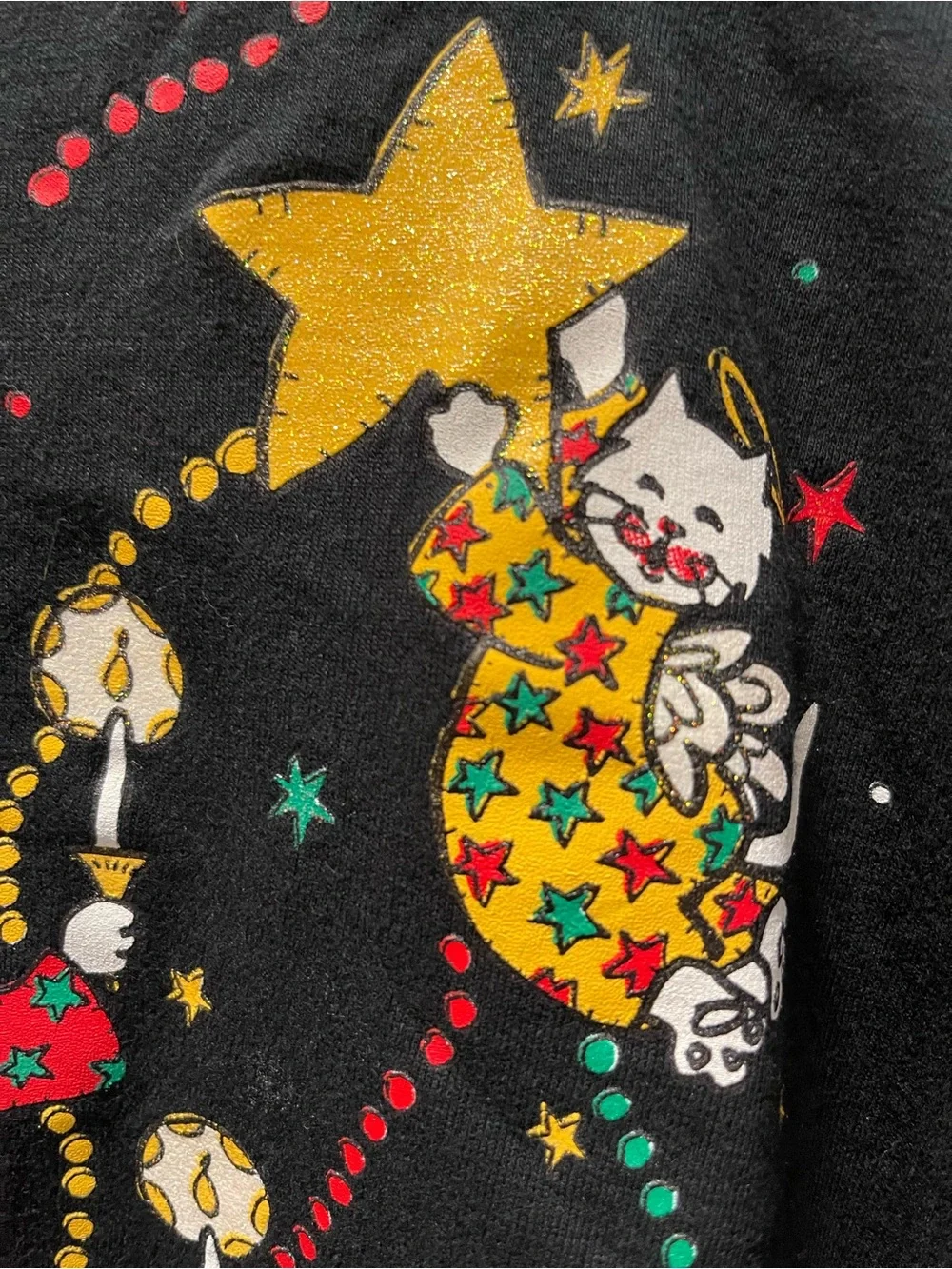 Vintage 90s Jerzees Cat Angel Christmas T Shirt L Black Holiday Graphic USA